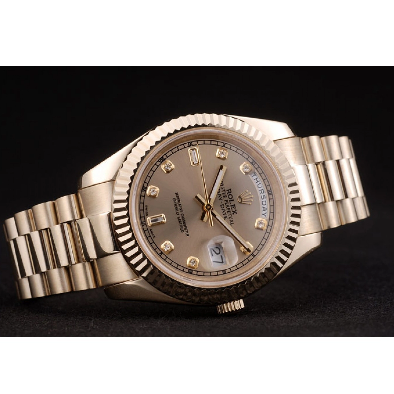 Aaa fake watches Rolex 41979 Ribbed Gold Goldish Bezel Stainless Steel Dial DayDate 0806